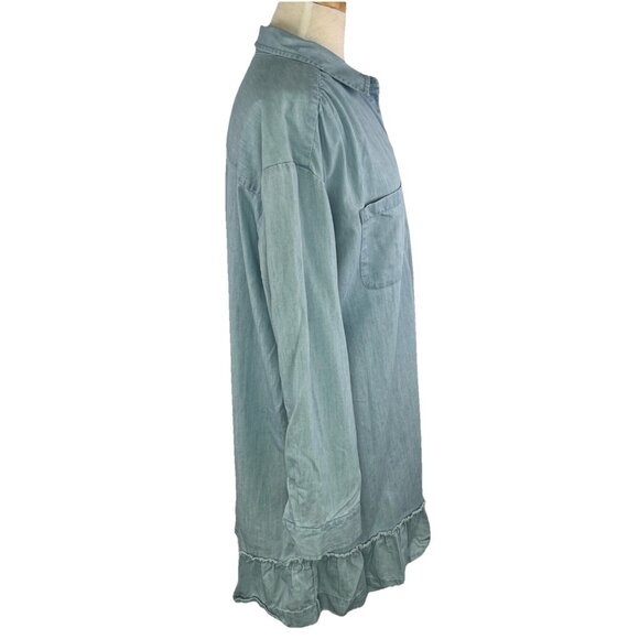 Wonderly L Blue Chambray Top Tunic Ruffle Hem Lyocell Button Front Long Sleeves - Picture 6 of 8